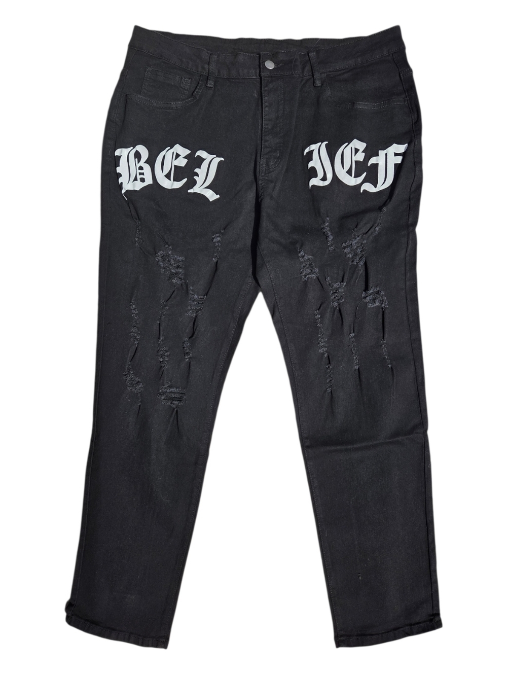 Mens DFIGT New Fashion Black Distressed Jeans with White Gothic Script, 2XL